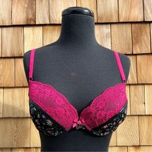 Y2K D&G Dolce & Gabbana Underwear Pink and Black Floral Print T-Shirt Bra, 36D